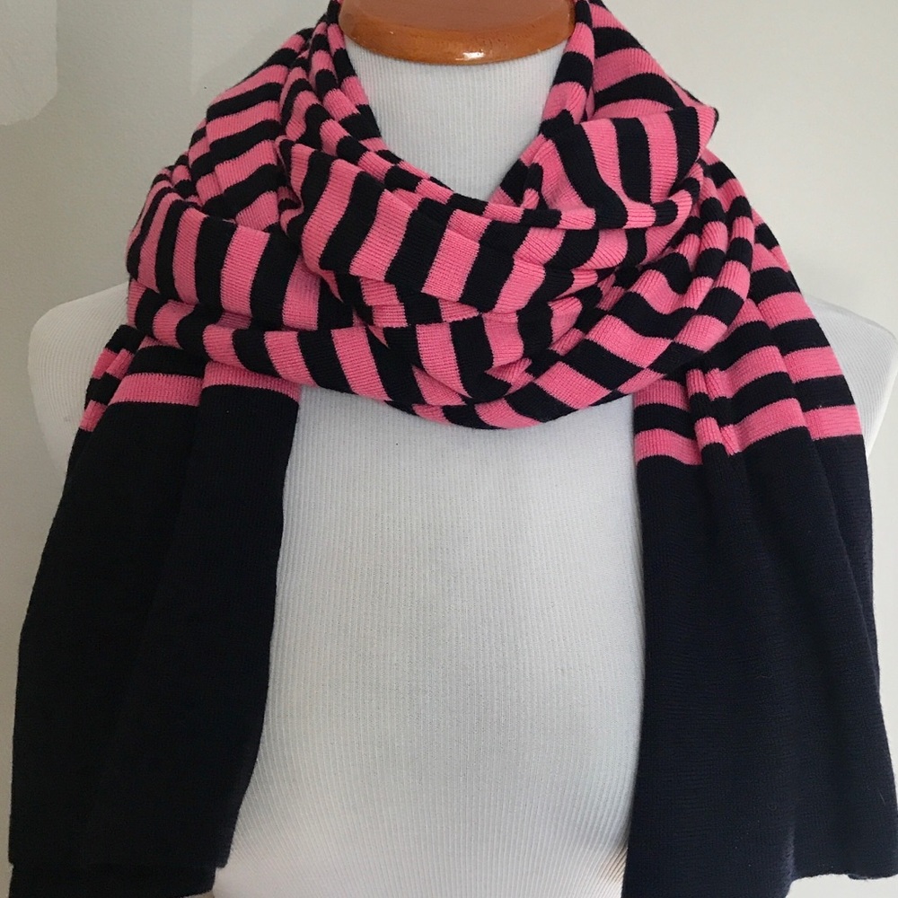 J Crew Navy and Hot Pink Stripped Wool Scarf